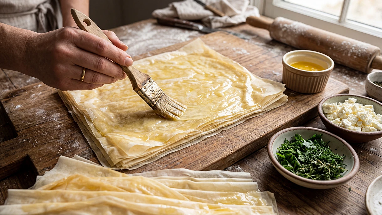 Filoteig wird Lage für Lage mit griechischem Olivenöl extra vergine eingepinselt – der Schlüssel zur perfekten Spanakopita