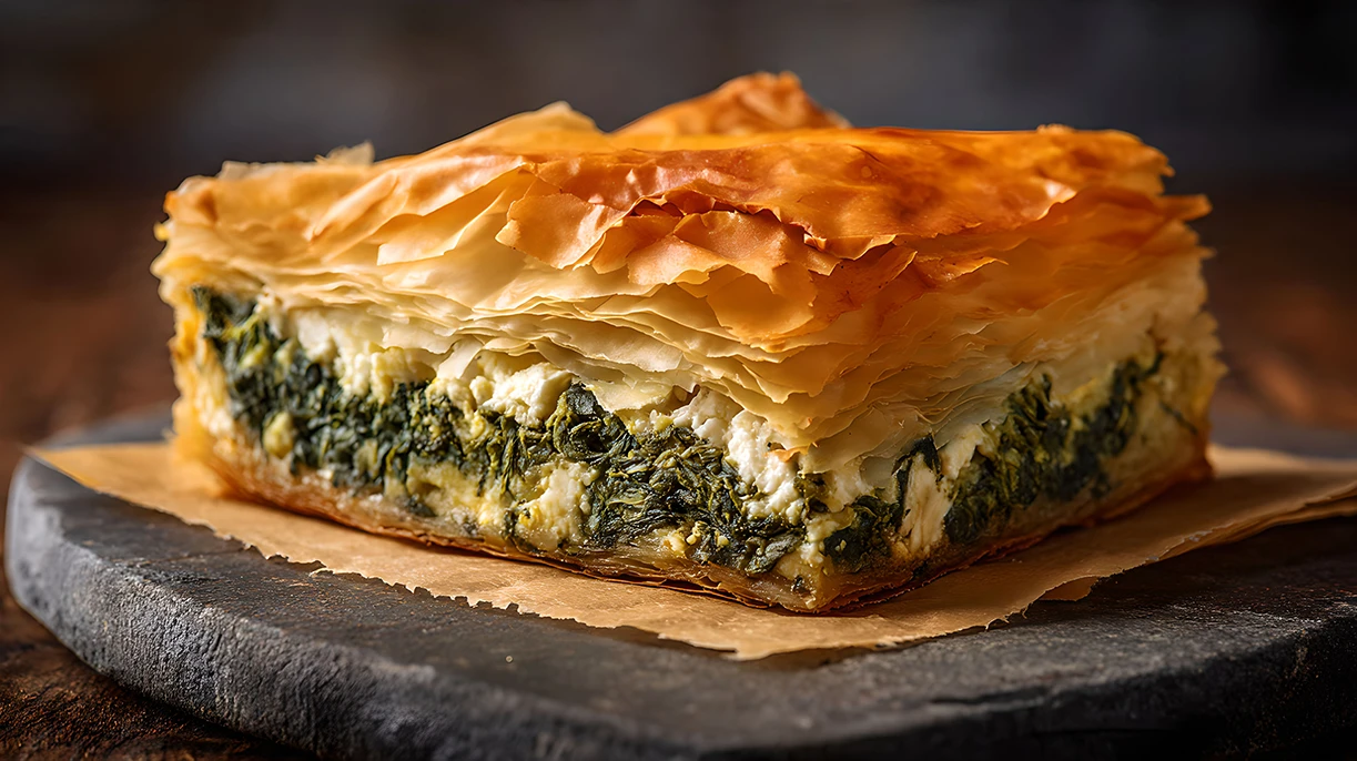 Frisch gebackene Spanakopita mit knusprigem Filoteig und Spinat-Feta-Füllung – zubereitet mit solynaros Olivenöl aus Messinien
